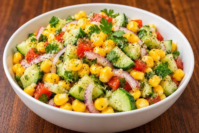 Corn and cucumber salad with onion and fresh coriander