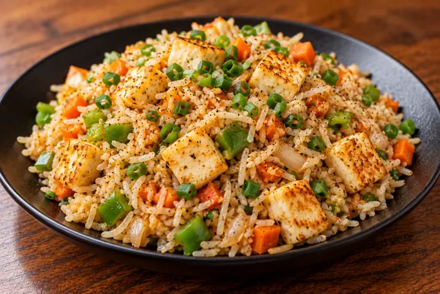 Paneer fried rice with carrot, beans and spring onion