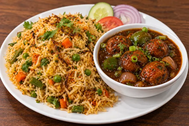 Veg manchurian in gravy with vegetable rice