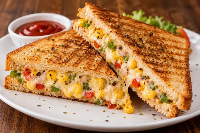 Grilled cheese corn sandwich with melted cheese and capsicum