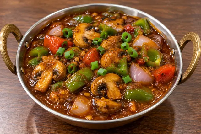 Mushroom kadhai in a brass-handled kadhai with capsicum and onion