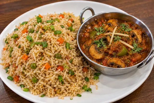 Mushroom fried rice served with mushroom kadhai