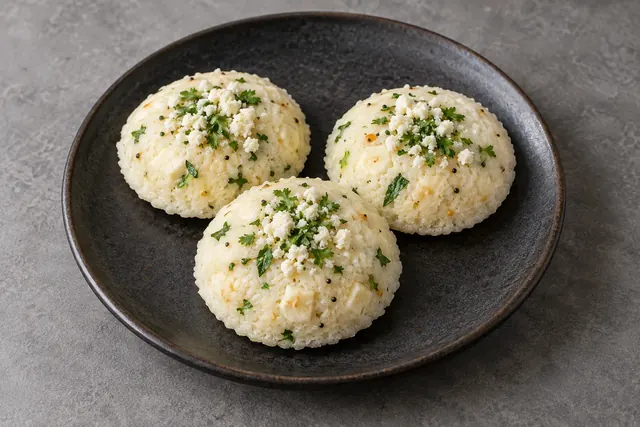 Soft rava idli topped with fresh coriander and paneer crumble