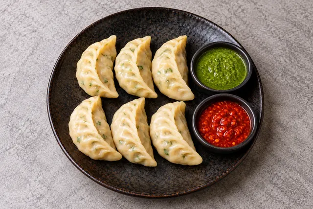 Steamed veg momos with green chutney and red chilli sauce