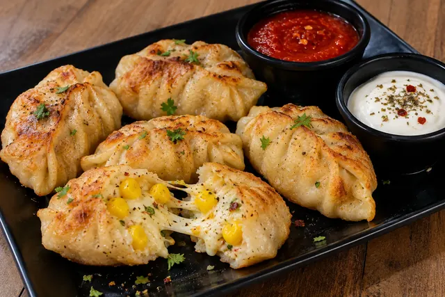 Golden pan-fried cheese corn momos with a cheesy, sweet-corn filling and dips