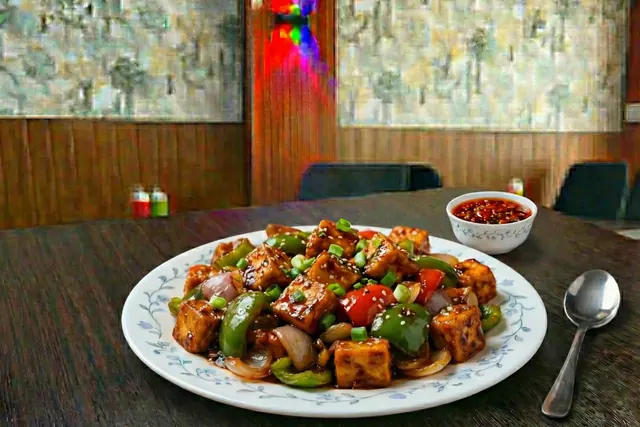 Paneer chilly tossed with capsicum and sauces