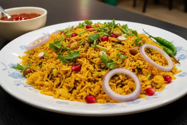 Poha with onion, green chilli and sev
