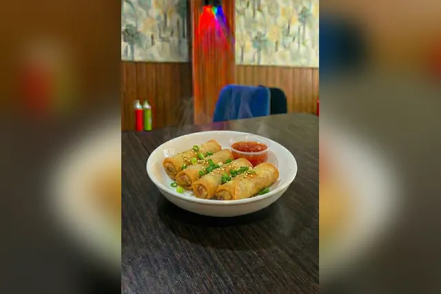 Crispy veg spring rolls in a bowl with sauce