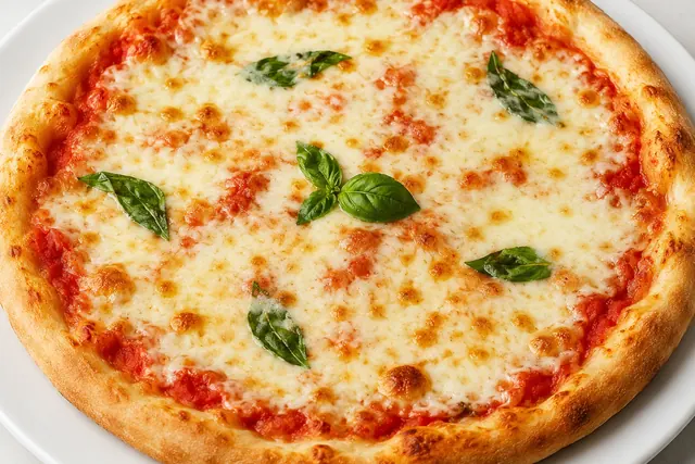 Double cheese Margherita pizza with fresh basil leaves