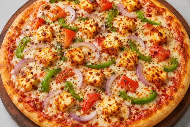 Paneer pizza with onion, capsicum and tomato