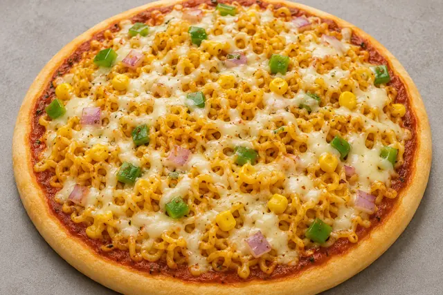 Maggie pizza topped with masala noodles, corn and cheese